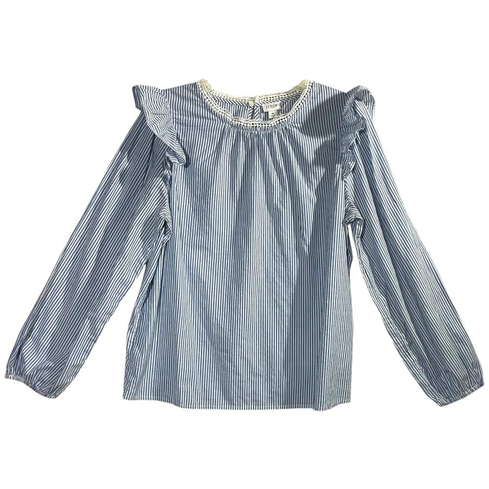 J Crew Shirt Women M Lace Ruffle Blue Stripe Preppy Nautical Coastal